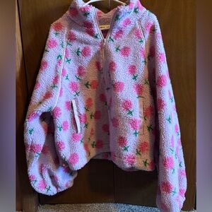 Cozy Floral Sherpa Half-Zip Pullover Hoodie - Pink Floral
